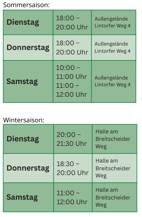 Zeitplan f&uuml;r Sommer- und Wintersaison mit Trainingszeiten und Orten in tabellarischer Form.