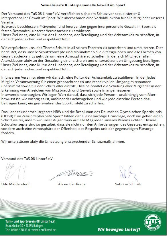Dokument &uuml;ber den Schutz vor sexualisierter und interpersoneller Gewalt im Sport des TuS 08 Lintorf e.V.