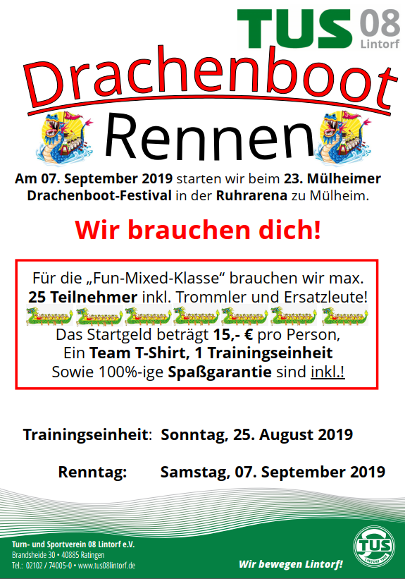 Plakat f&uuml;r das Drachenboot-Rennen am 7. September 2019 mit Informationen zu Anmeldungen und Teilnehmerdetails.