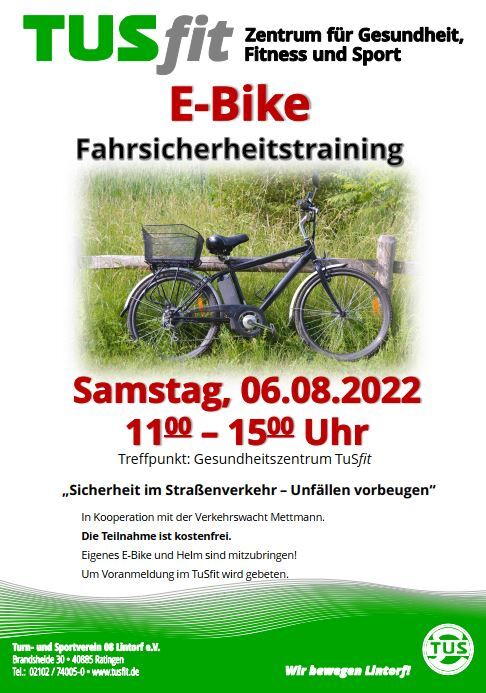 Plakat f&uuml;r E-Bike Fahrtraining mit Termin, Uhrzeit und Kontaktdaten, vor einem Bild eines E-Bikes im Freien.