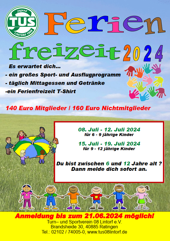 Buntes Plakat f&uuml;r die Ferienfreizeit 2024 mit Terminen, Preisen und einem einladenden Sportprogramm f&uuml;r Kinder.
