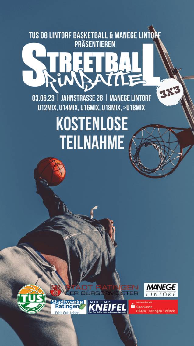 Basketballspieler beim Dunking über einen Korb, mit Veranstaltungsinformationen im Hintergrund.