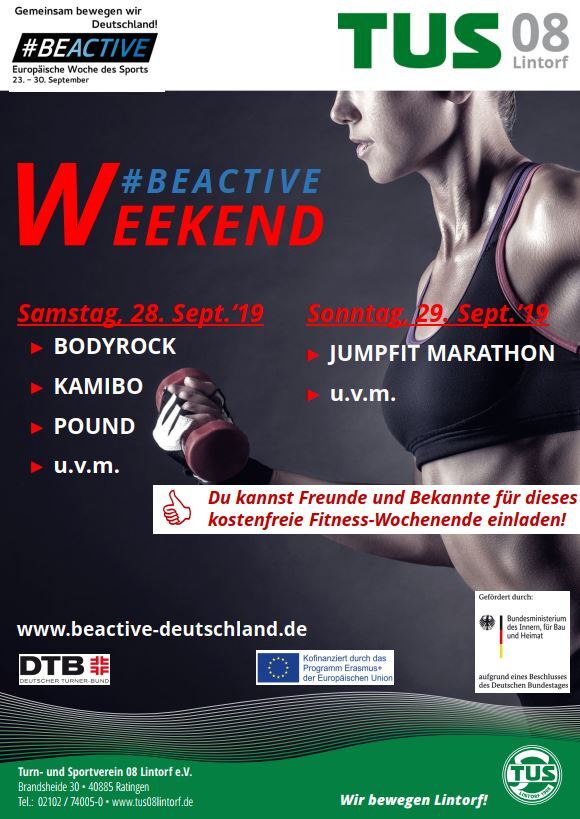 Plakat f&uuml;r ein Fitness-Wochenende mit Kursen wie Bodyrock und Jumpfit Marathon, begleitet von motivierendem Bild einer Sportlerin.
