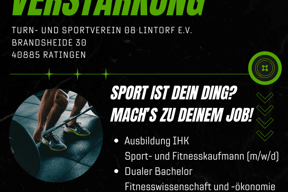 Anzeige des Sportvereins TUSfit für Jobangebote im Bereich Sport- und Fitness, mit Kontaktinformationen und Ausbildungsdetails.
