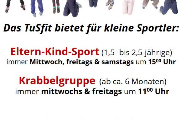 Eine Gruppe von Kindern springt fr&ouml;hlich, umgeben von Informationen zu Sportangeboten f&uuml;r Kleinkinder im TuSfit.