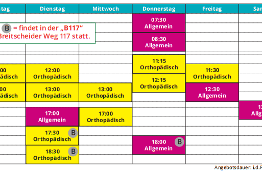 Kalender&uuml;bersicht mit Terminen f&uuml;r Orthop&auml;die und allgemeine Sprechstunden von Montag bis Samstag.