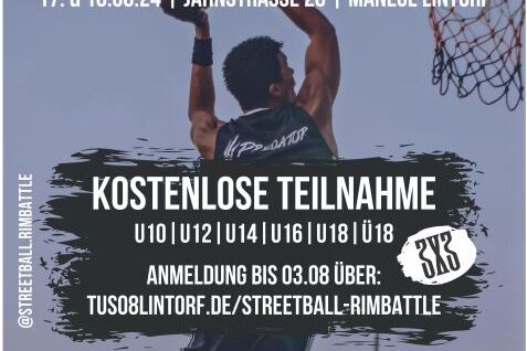 Poster f&uuml;r ein Streetball-Event mit Daten, Teilnahmebedingungen und einem Basketballspieler im Spiel.