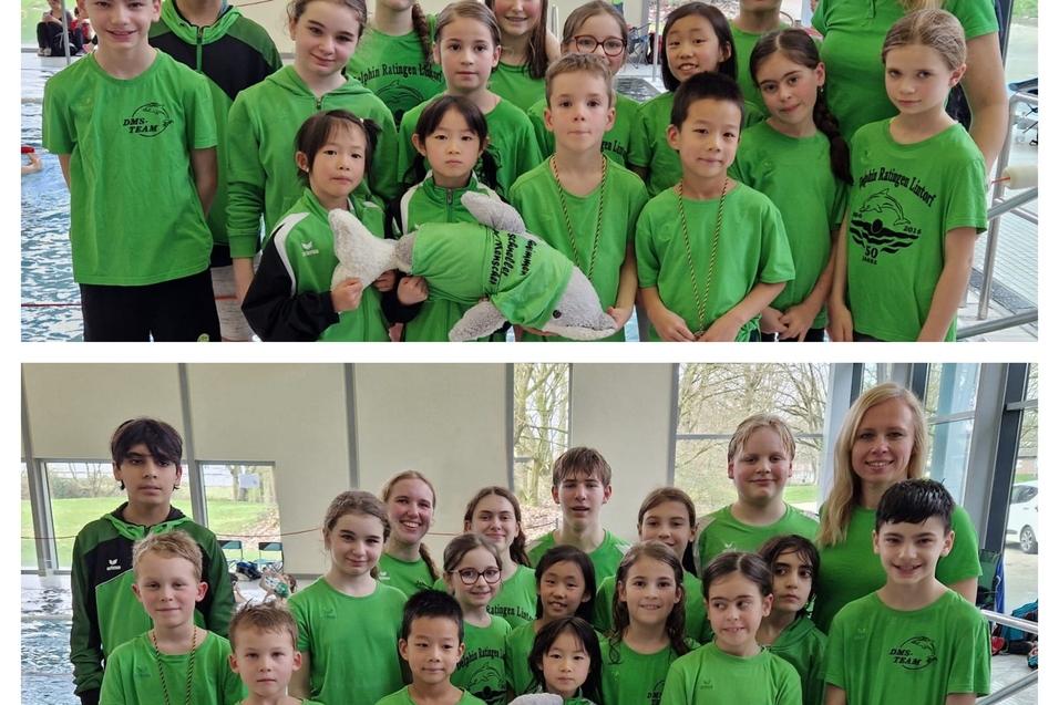 Gruppe von Schwimmern in gr&uuml;nen T-Shirts beim Fototermin am Beckenrand eines Schwimmbads.
