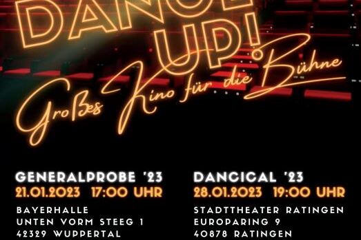 Plakat f&uuml;r "Dance Up!" mit Terminen, Locations und Ticketinformationen f&uuml;r eine Tanzauff&uuml;hrung.