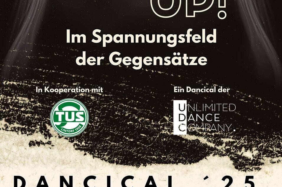 Plakat f&uuml;r Tanzveranstaltung &bdquo;DANCE UP!&ldquo; am 01.02.2025 in der Stadthalle Ratingen mit QR-Code.