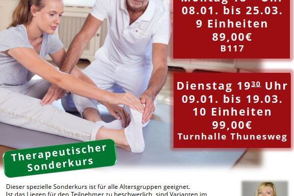Ank&uuml;ndigung eines therapeutischen Kurses mit Details zu Terminen und Preisen, begleitet von einem Bild von Teilnehmern.