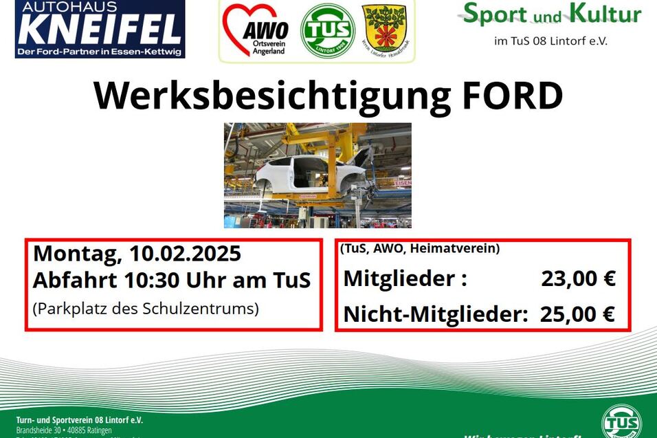 Ein Flyer zur Werksbesichtigung bei Ford mit Termindetails und Preisen f&uuml;r Mitglieder und Nicht-Mitglieder.