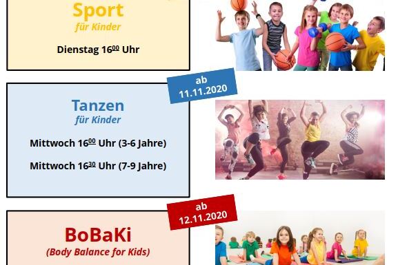 Grafik mit Informationen zum Live-Stream-Sportprogramm f&uuml;r Kinder, inklusive Sport, Tanzen und BoBaKi mit Terminen.