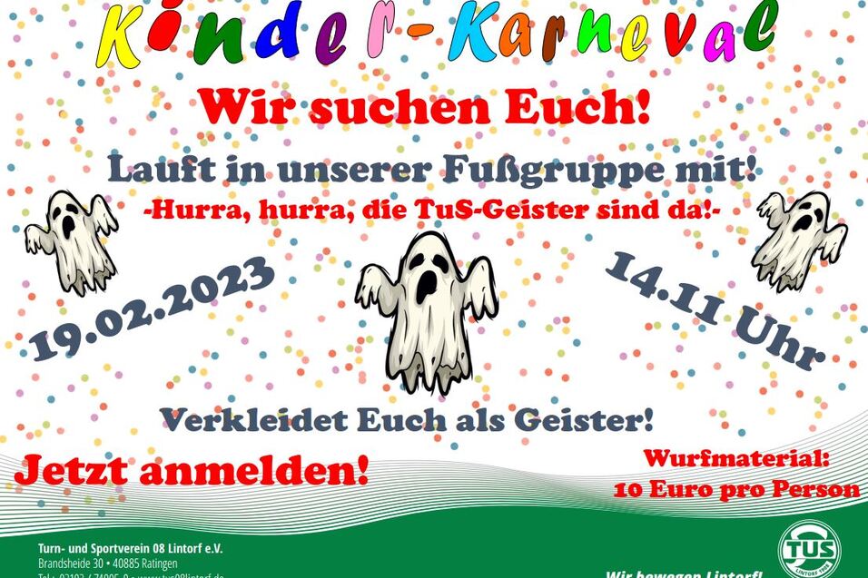 Plakat f&uuml;r den Kinder-Karneval mit Informationen zu Datum, Uhrzeit und Anmeldung, sowie Geister-Motiven und bunten Konfetti.
