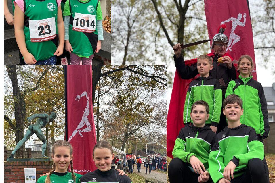 Gruppe junger Athleten in sportlichen Outfits an einem Lauf-Event, umrandet von Banner und herbstlicher Umgebung.