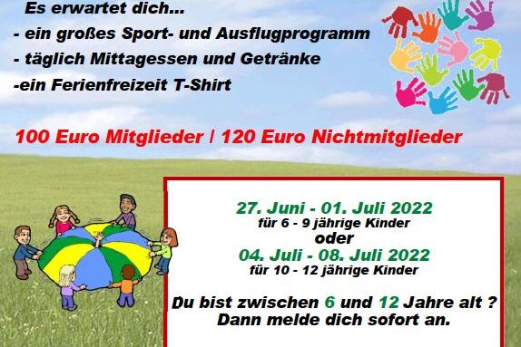 Plakat f&uuml;r die Ferienfreizeit 2022 mit Informationen zu Sport, Programmdaten und Anmeldem&ouml;glichkeiten f&uuml;r Kinder.