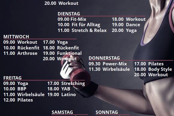 Programm&uuml;bersicht f&uuml;r Live-Streams von TUSfit: Fitnesskurse von Montag bis Sonntag, inklusive Yoga, Workout und Pilates.