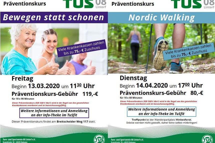 Plakat f&uuml;r Pr&auml;ventionskurse mit Informationen zu "Bewegen statt schonen" und "Nordic Walking", inklusive Termine und Geb&uuml;hren.