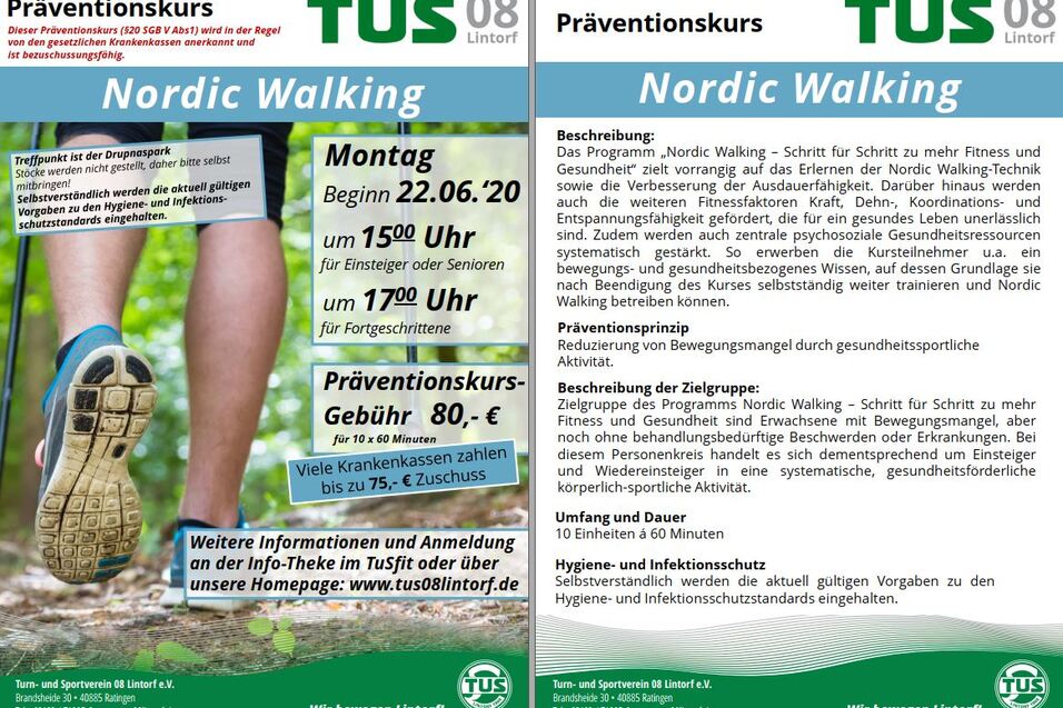 Flyer f&uuml;r einen Nordic Walking Kurs mit Informationen zu Beginn, Geb&uuml;hr und Beschreibung des Programms.