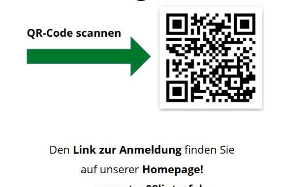 Info-Plakat f&uuml;r Corona-Testzentrum mit QR-Code und Anmeldedetails, Kontaktinformationen und Website-Adresse.