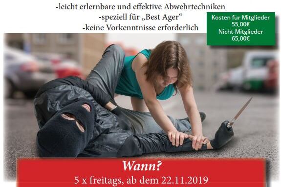 Poster f&uuml;r einen Shiruba-Jiu-Jitsu-Sonderkurs zur Selbstverteidigung f&uuml;r Personen ab 50 Jahren mit Trainingsdetails.