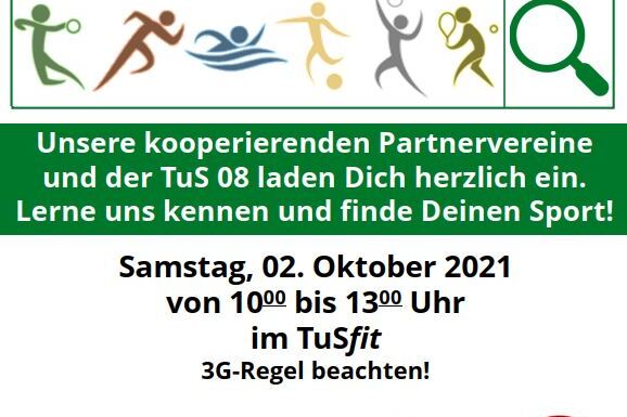 Einladung zum Tag der offenen T&uuml;r des TuS 08, 02. Oktober 2021, im TuSfit mit Sportarten-Icons und 3G-Regel-Hinweis.
