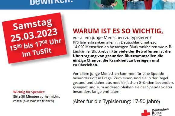 Plakat zur Typisierungsaktion am 25.03.2023 mit wichtigsten Infos und Aufforderung zur Blutspende.