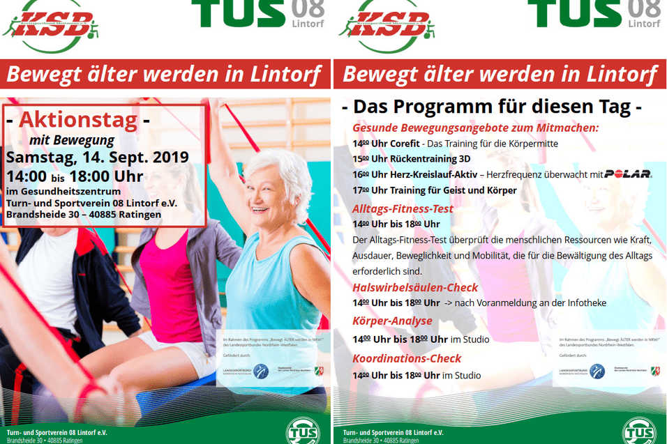 Flyer mit Informationen zu einem Aktionstag in Lintorf, der Bewegungsangebote f&uuml;r &auml;ltere Menschen bewirbt.