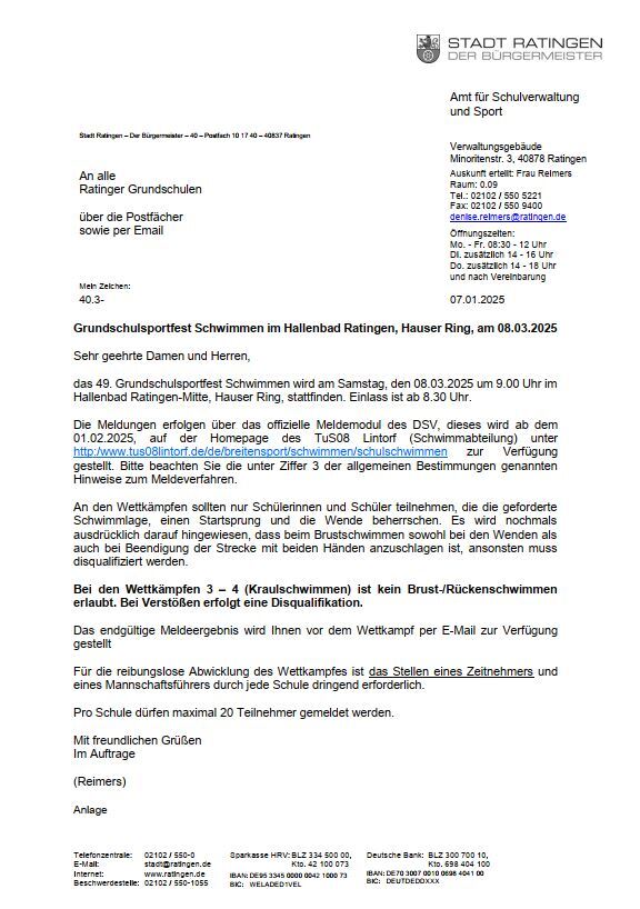 Amtliche Mitteilung zum Grundschulsportfest Schwimmen am 08.03.2025 in Ratingen, inklusive Anmeldeinformationen und Teilnahmehinweisen.