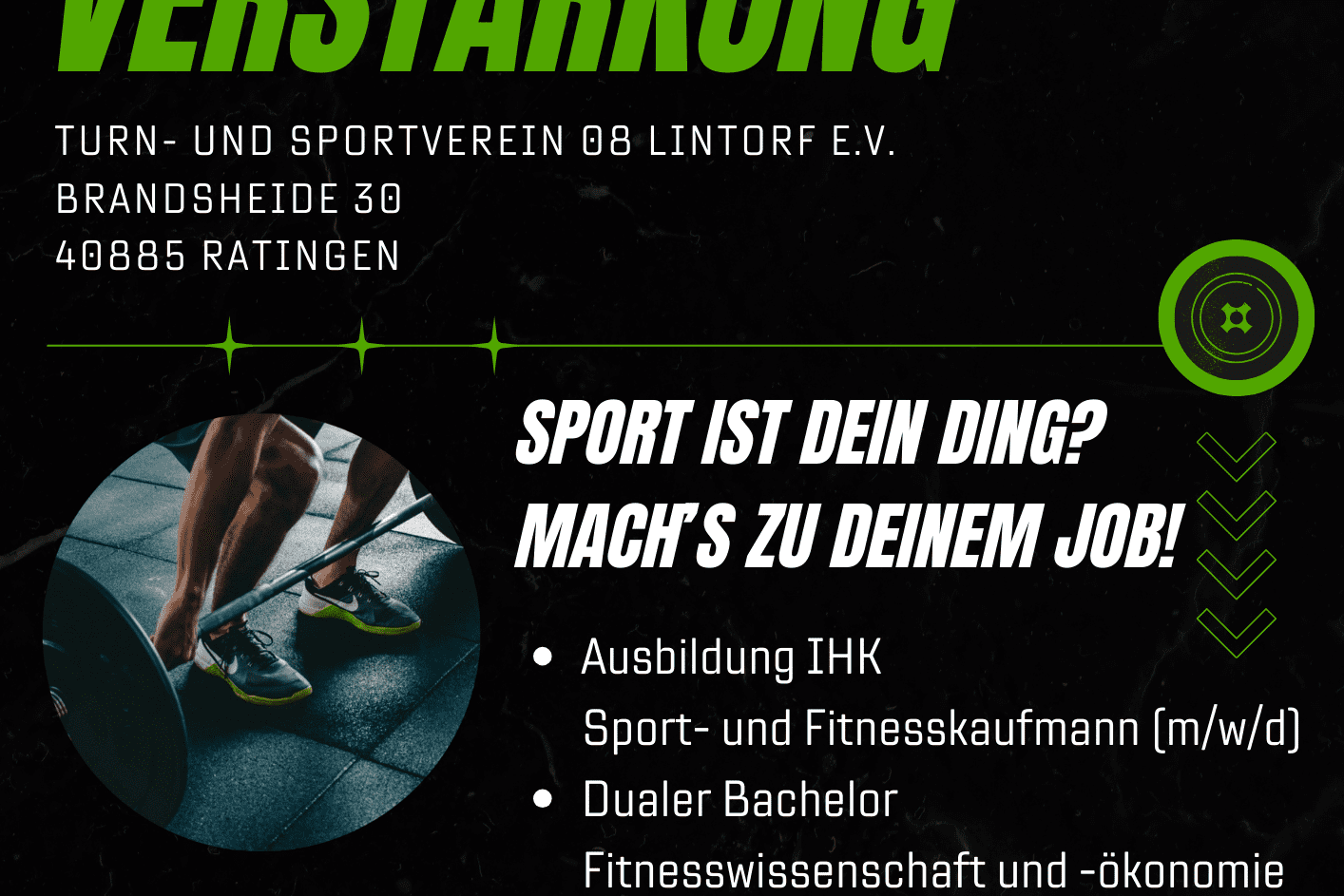 Anzeige des Sportvereins TUSfit für Jobangebote im Bereich Sport- und Fitness, mit Kontaktinformationen und Ausbildungsdetails.