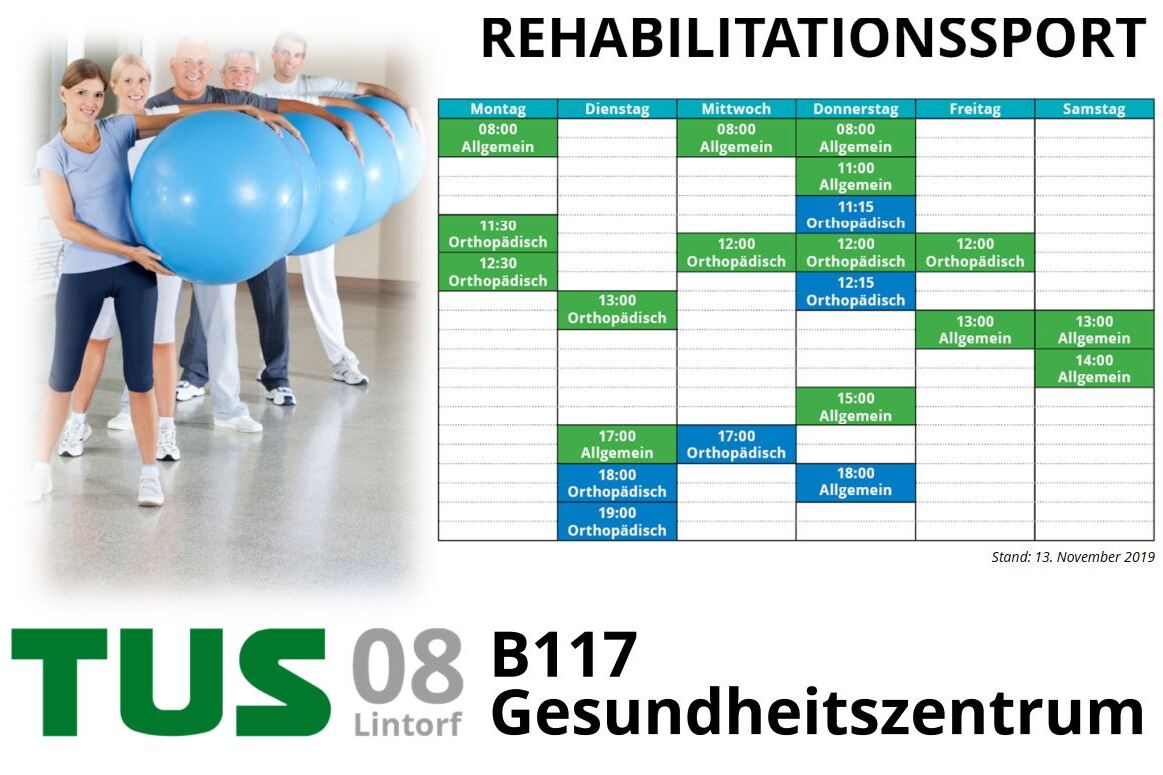 Gruppe von f&uuml;nf Personen mit Fitnessb&auml;llen, daneben Wochen&uuml;bersicht f&uuml;r Rehabilitationssport im Gesundheitszentrum.