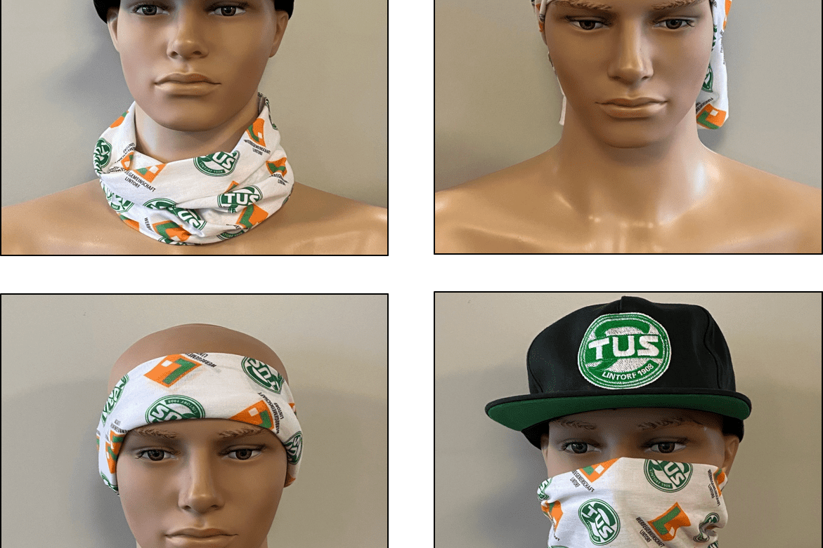 Verschiedene Ansichten eines Männermodels mit Kapuzenmütze und multifunktionalem Tuch in Teamfarben.