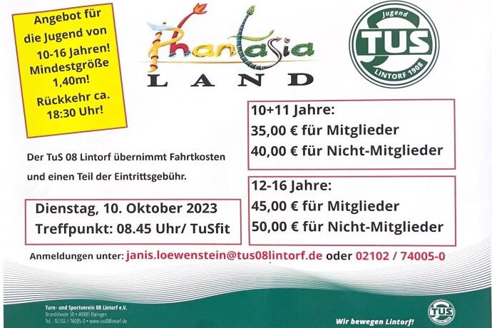 Ank&uuml;ndigung eines Ausflugs ins Phantasialand f&uuml;r Jugendliche von 10-16 Jahren mit Details zu Preisen und Anmeldung.