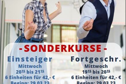 Plakat f&uuml;r Linestdance-Kurse bei TUS 08 Lintorf mit l&auml;chelnden T&auml;nzern, Kursdetails und Kontaktdaten.