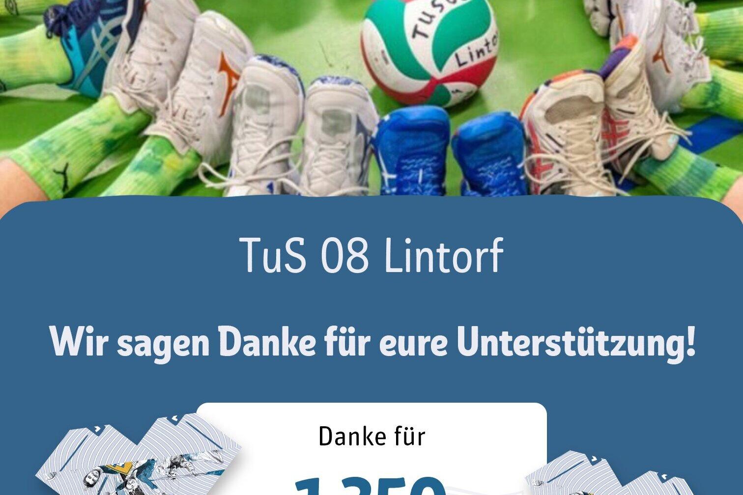 Barrierefreies Dankeschön des TuS 08 Lintorf mit Geldscheinen und Sportschuhen vor einem bunten Hintergrund.