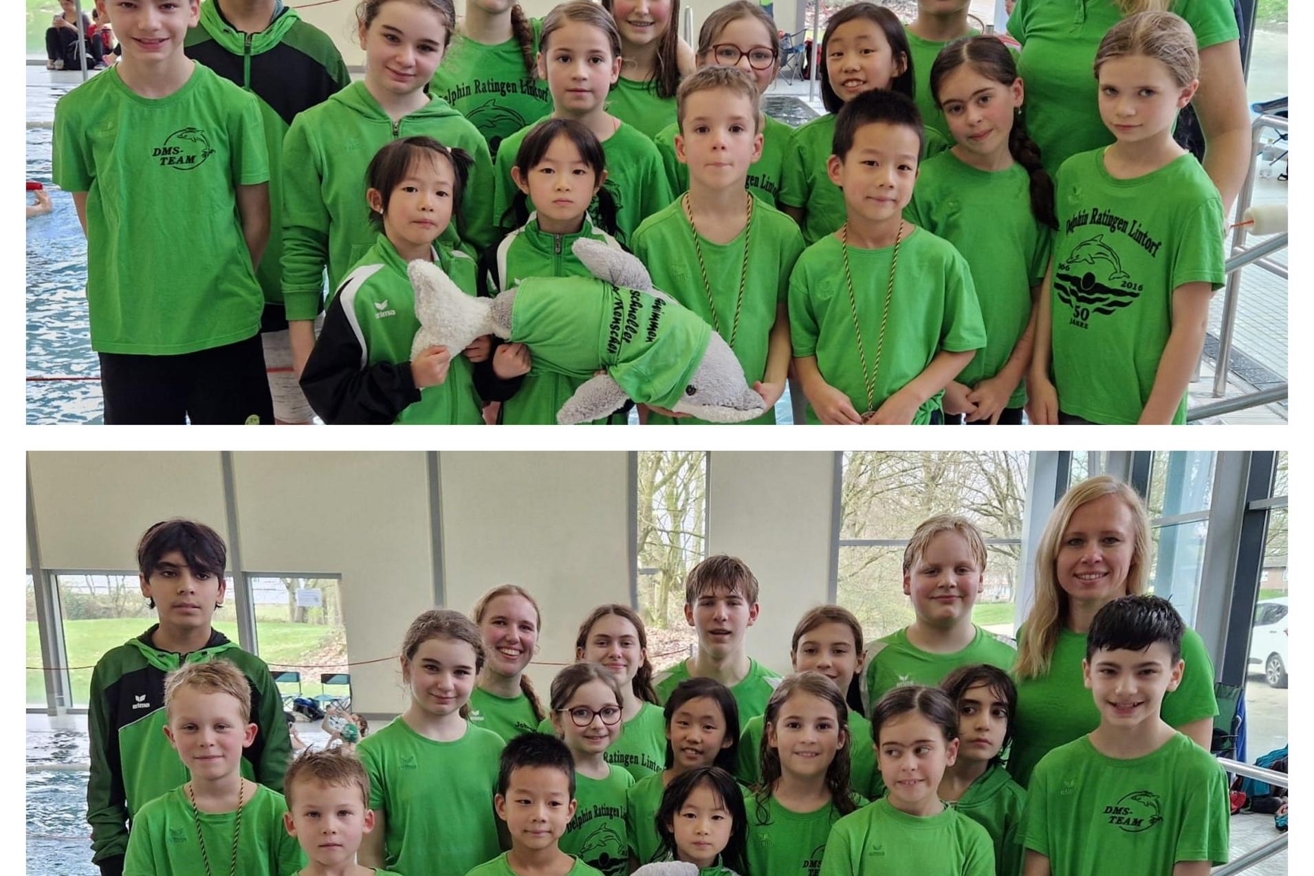 Gruppe von Schwimmern in grünen T-Shirts beim Fototermin am Beckenrand eines Schwimmbads.