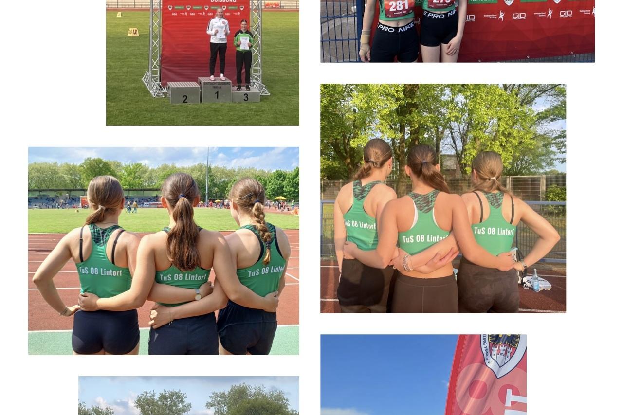 Collage von Athletinnen beim Sportpark Classics in Duisburg mit Podium, Urkunden und Teamfotos.