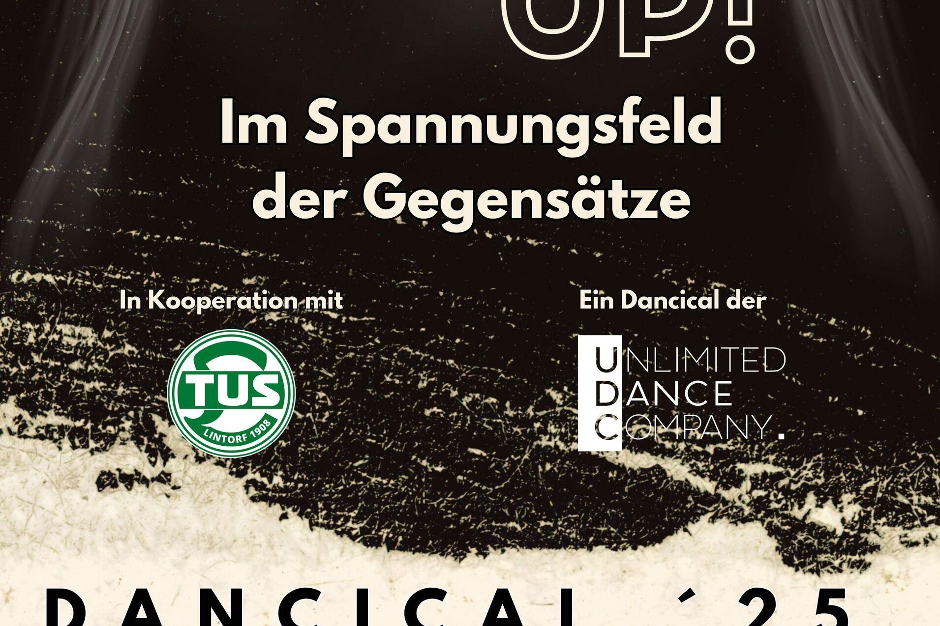 Plakat f&uuml;r Tanzveranstaltung &bdquo;DANCE UP!&ldquo; am 01.02.2025 in der Stadthalle Ratingen mit QR-Code.