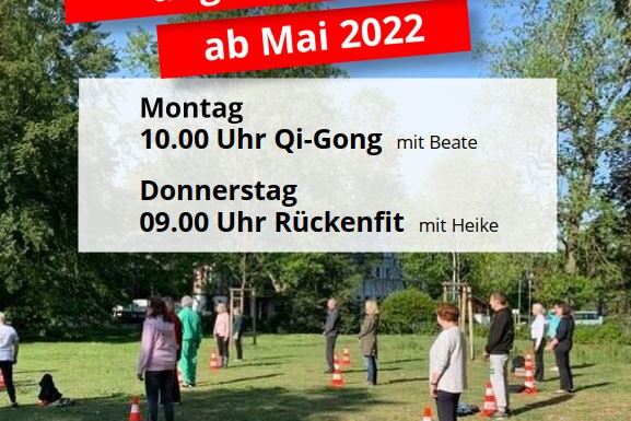 Sportevent im Druppnaspark mit Teilnehmern, die in Gruppen &Uuml;bungen f&uuml;r Qi-Gong und R&uuml;ckenfit absolvieren.