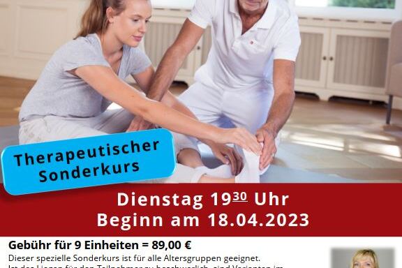 Plakat f&uuml;r einen therapeutischen Sonderkurs mit Informationen zu Kursdetails, Preisen und Anmeldem&ouml;glichkeiten.