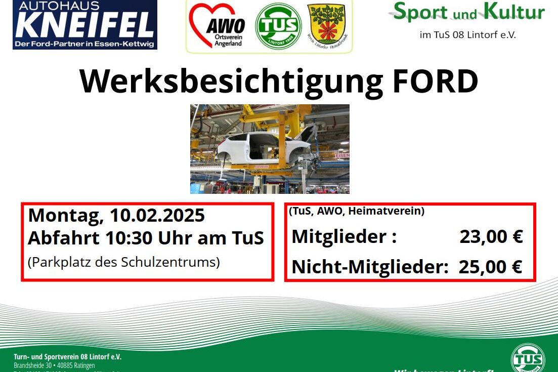 Ein Flyer zur Werksbesichtigung bei Ford mit Termindetails und Preisen f&uuml;r Mitglieder und Nicht-Mitglieder.