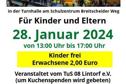 Plakat f&uuml;r das 32. Hallenspiel fest mit Details zu Datum, Uhrzeit und Eintrittspreisen, sowie Bildern von Spielger&auml;ten.