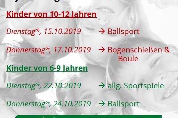 Informationsgrafik zu Herbstferien-Jugendsporttagen des TuS 08 Lintorf mit Terminen und Preisen f&uuml;r Kinder.