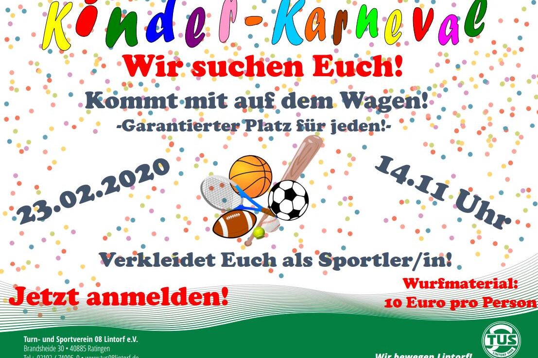 Buntes Plakat f&uuml;r den Kinder-Karneval mit Datum, Uhrzeit und Informationen zur Anmeldung und Kost&uuml;mierung als Sportler.