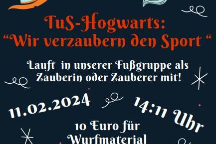 Plakat f&uuml;r Kinderkarneval: Einladung zur Veranstaltung "TuS-Hogwarts" mit Datum, Uhrzeit und Anmeldeinformationen.