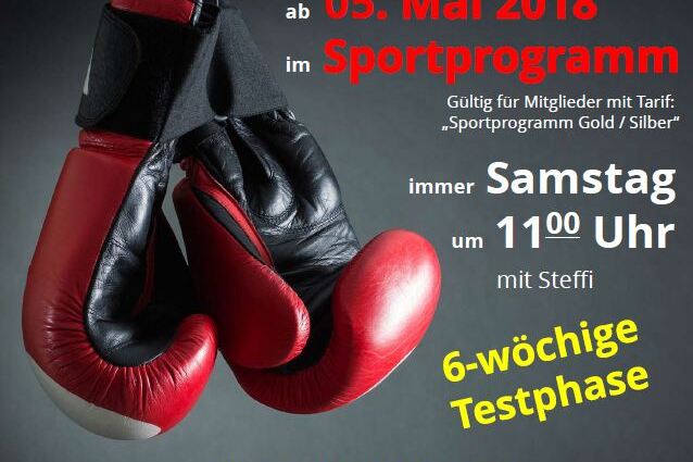 Plakat f&uuml;r Fitness Kick-Boxing mit roten Boxhandschuhen, Terminangaben und Anmeldungshinweisen auf gr&uuml;nem Hintergrund.