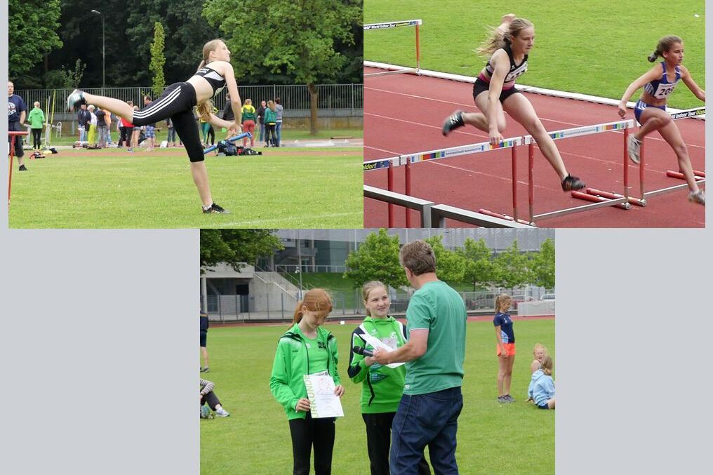 Drei Szenen einer Leichtathletikveranstaltung: H&uuml;rdenlauf, Weitsprung und Siegerehrung von jungen Athletinnen.