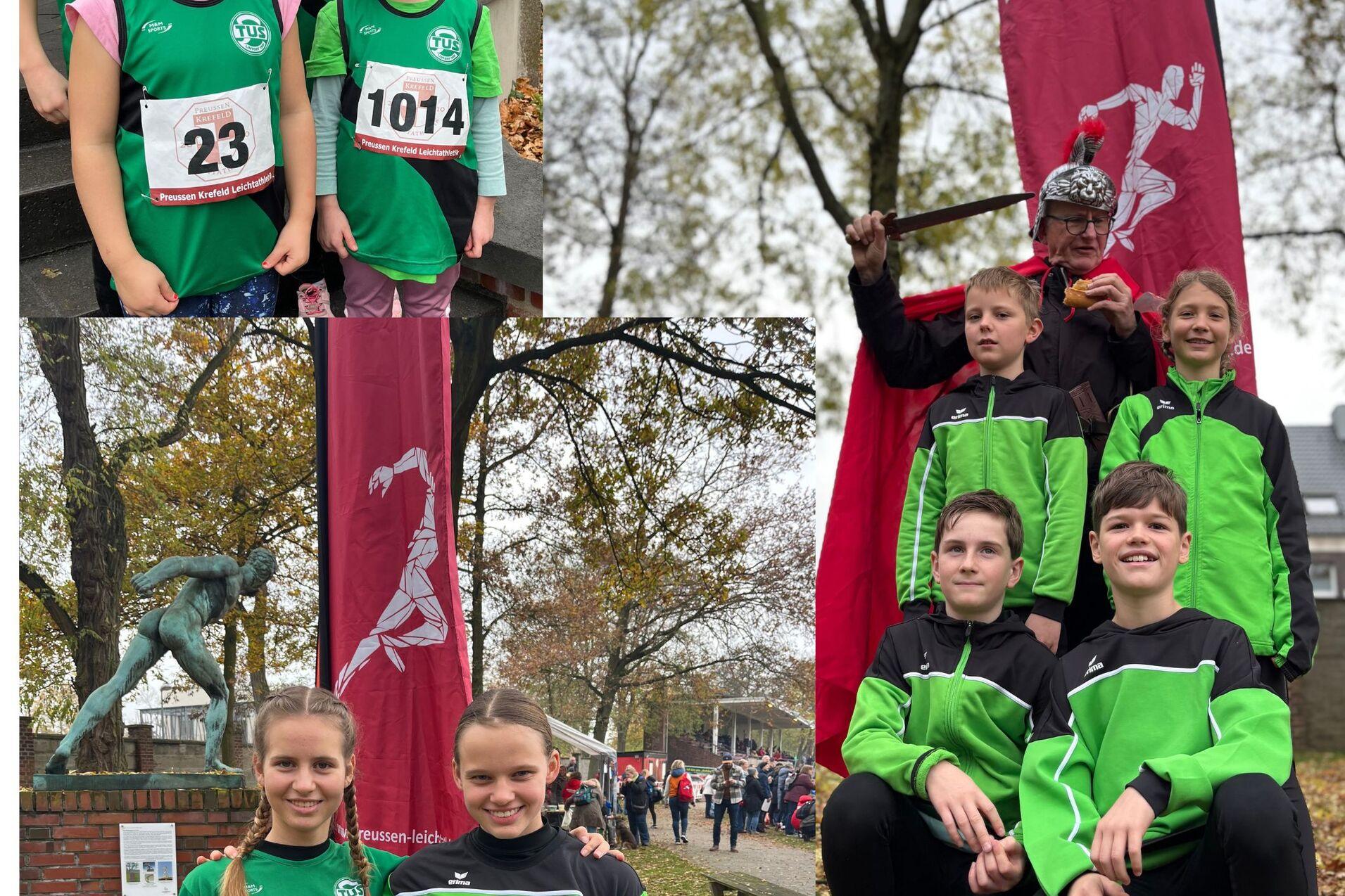 Gruppe junger Athleten in sportlichen Outfits an einem Lauf-Event, umrandet von Banner und herbstlicher Umgebung.