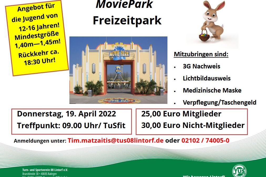 Plakat f&uuml;r den MoviePark Freizeitparkbesuch mit Informationen zu Datum, Treffpunkt und Kosten f&uuml;r Mitglieder und Nicht-Mitglieder.