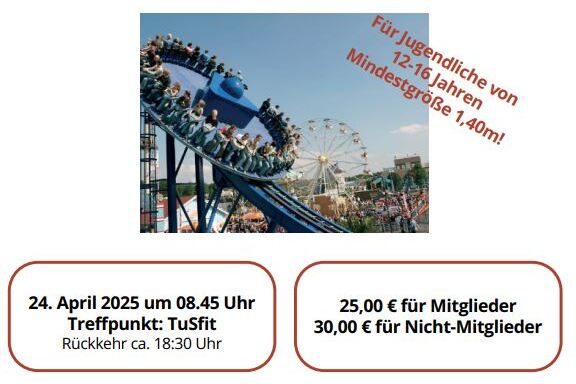 Bunte Werbung f&uuml;r einen Ausflug zum Movie Park mit Fahrgesch&auml;ften und Anmeldedaten f&uuml;r Teilnehmer zwischen 12 und 16 Jahren.